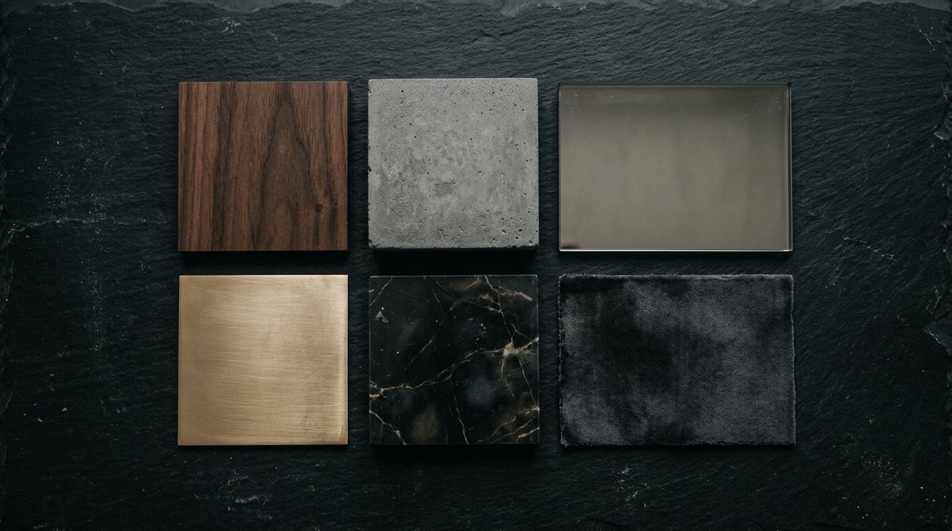 Six material samples on slate: walnut, concrete, smoked glass, brushed brass, dark marble and velvet.